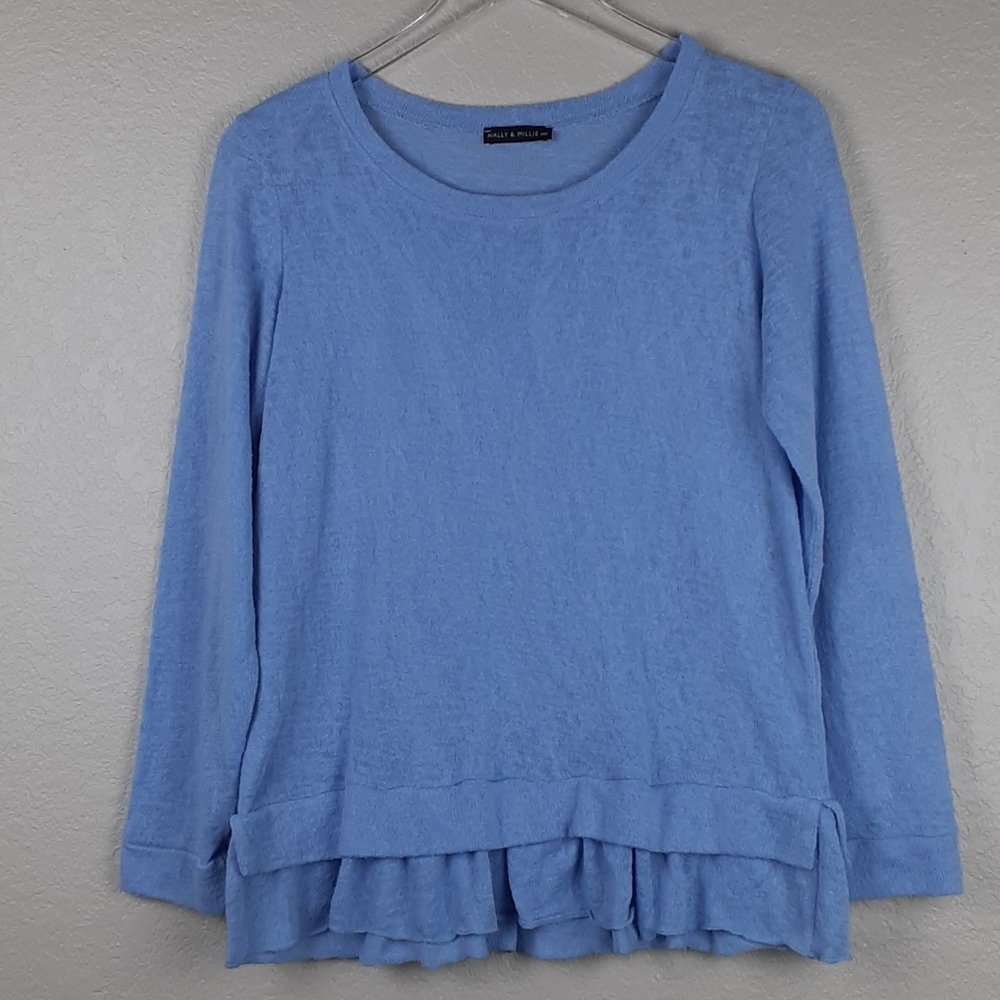 Nally & Millie Ruffle Hem Lightweight Blue Sweater